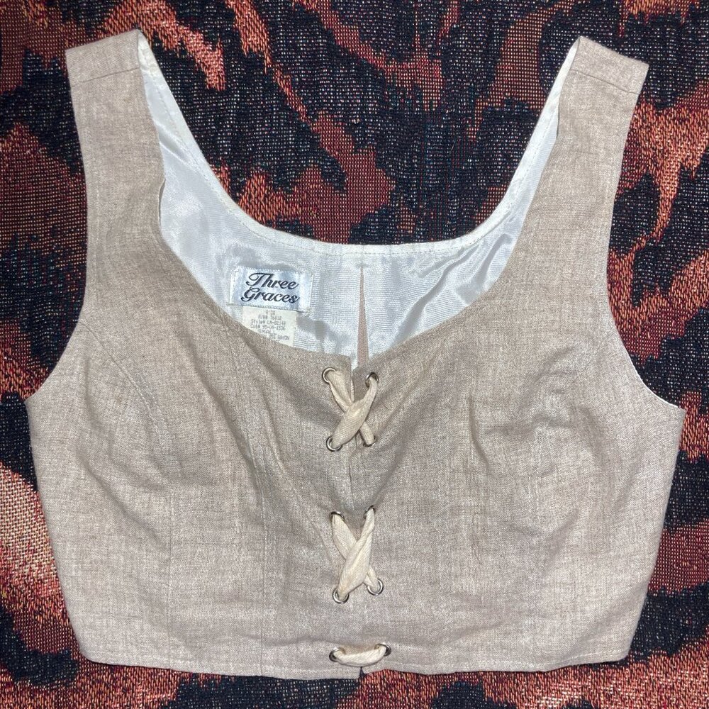 Vtg 90s Y2K lace-up corset bustier vest crop linen preppy RenFaire steampunk S - Picture 1 of 5